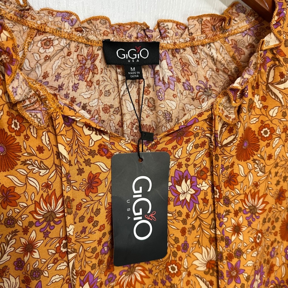 GIGIO USA Orange Floral Boho Bell Sleeve Tassel Babydoll Tunic Top Medium NWT - Picture 4 of 9